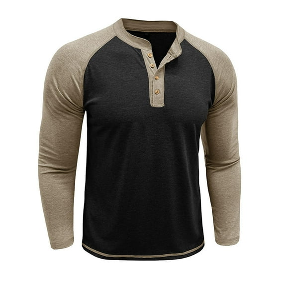Plebaso Men's Long Sleeve T-Shirts Colorblock Button Tee for Men Casual Lightweight Patchwork Pullover Tops