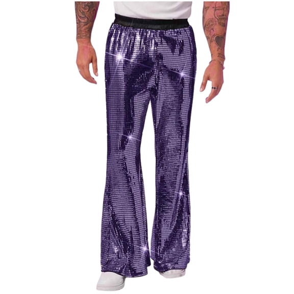 Plebaso Men's Sequin Bell Bottom Pants Sparkly Flared Pants for Men Elastic Waist Party Clubwear Trousers