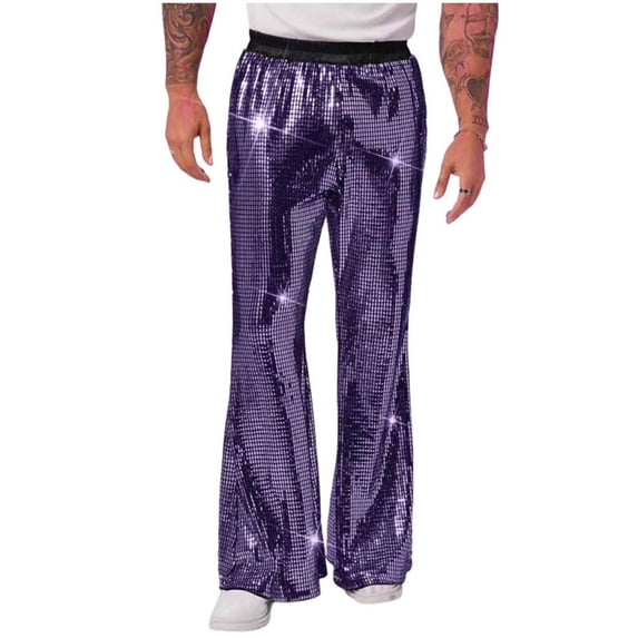 Plebaso Men's Sequin Bell Bottom Pants Sparkly Flared Pants for Men Elastic Waist Party Clubwear Trousers