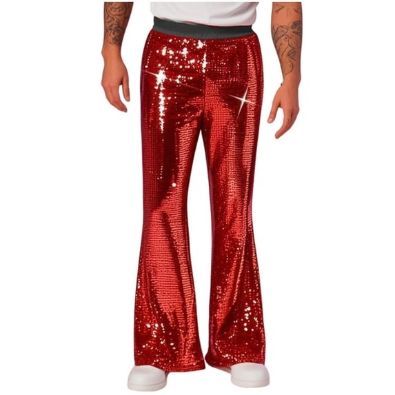 Plebaso Men's Sequin Bell Bottom Pants Sparkly Flared Pants for Men Elastic Waist Party Clubwear Trousers
