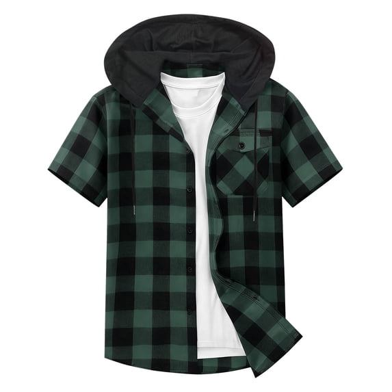 Plebaso Men's Short Sleeve Plaid Hoodies Button down Hooded Shirts Summer Fashion Jacket with Pocket