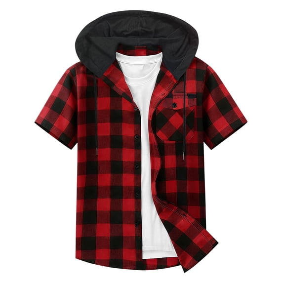 Plebaso Men's Short Sleeve Plaid Hoodies Button down Hooded Shirts Summer Fashion Jacket with Pocket
