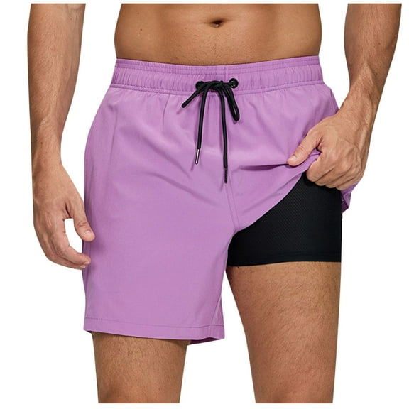 Plebaso Mens Beach Shorts with Liner Drawstring 2 in 1 Swim Shorts for Men Summer Casual Vacation Shorts