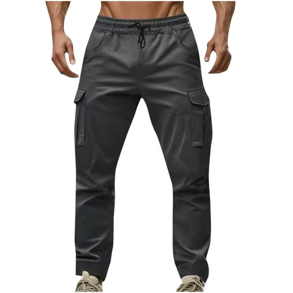 Plebaso Mens Cargo Pants Elastic Waist Trousers with Drawstring Lightweight Outdoor Casual Pocket Pants