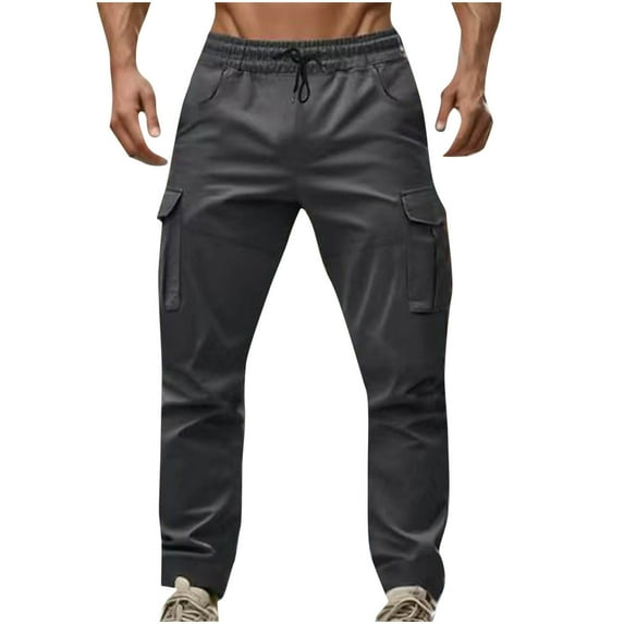 Plebaso Mens Cargo Pants Elastic Waist Trousers with Drawstring Lightweight Outdoor Casual Pocket Pants