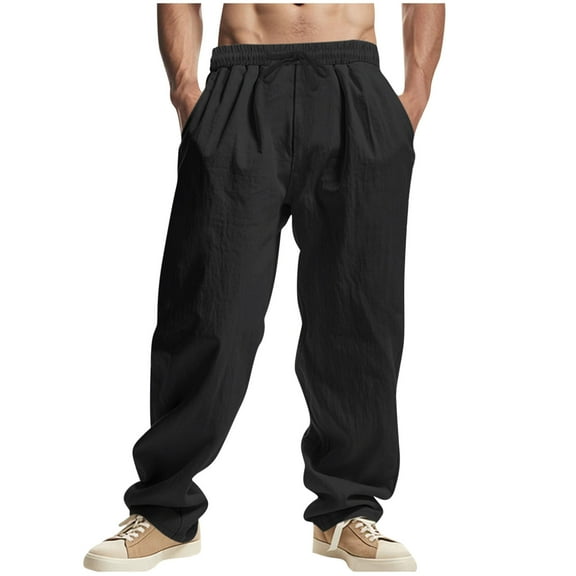Plebaso Mens Casual Pants Elastic Waist Drawstring Lightweight Plain Beach Vacation Trousers with Pockets