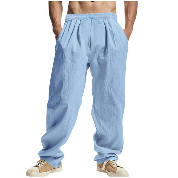 Plebaso Mens Casual Pants Elastic Waist Drawstring Lightweight Plain Beach Vacation Trousers with Pockets