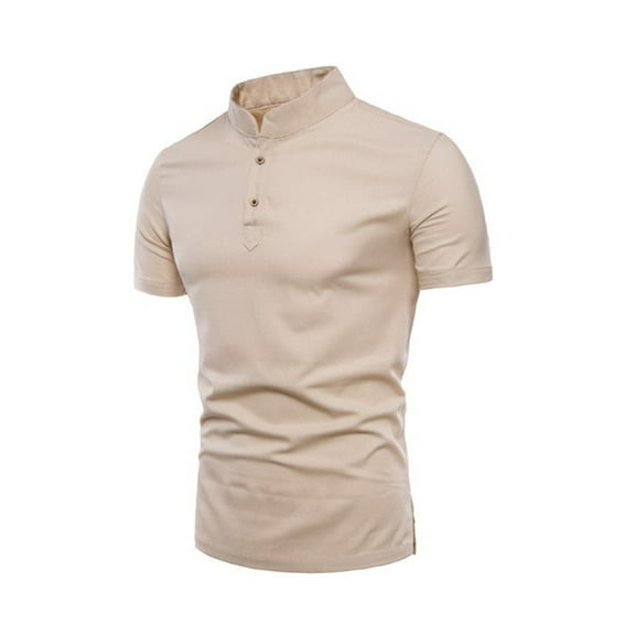 Plebaso Mens Casual Shirts Stand Collar Short Sleeve Tops Button Pullover Solid Color Beach Summer Tshirts