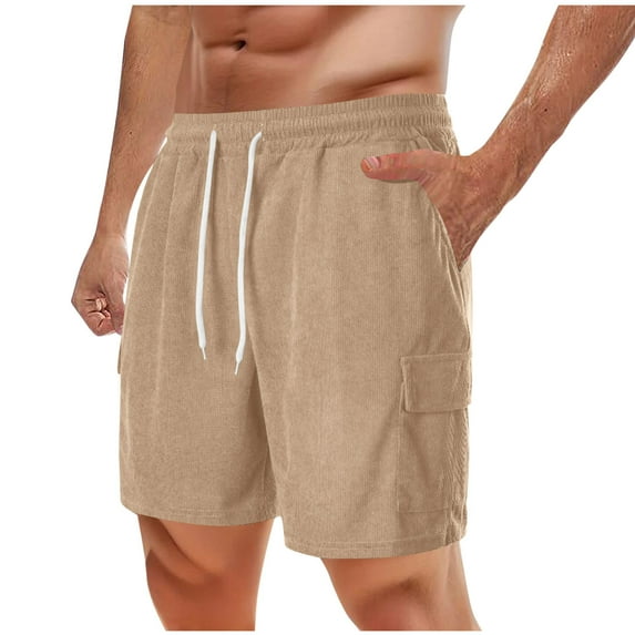 Plebaso Mens Corduroy Shorts Elastic Waist Drawstring Cargo Shorts Summer Casual Shorts for Men