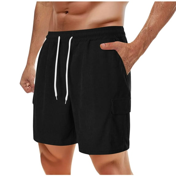 Plebaso Mens Corduroy Shorts Elastic Waist Drawstring Cargo Shorts Summer Casual Shorts for Men