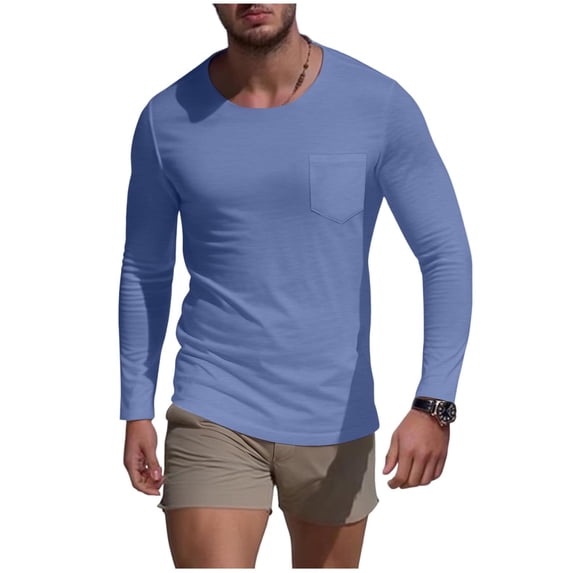 Plebaso Mens Long Sleeve Pocket T-Shirts Crew Neck Casual T Shirts Lightweight Plain Basic Tops for Men