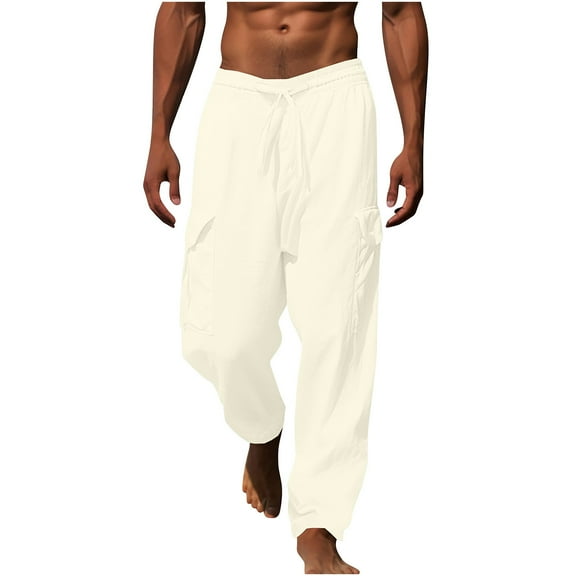 Plebaso Mens Pants Elastic Waist Drawstring Loose Casual Pants Lightweight Plain Trousers with Pockets