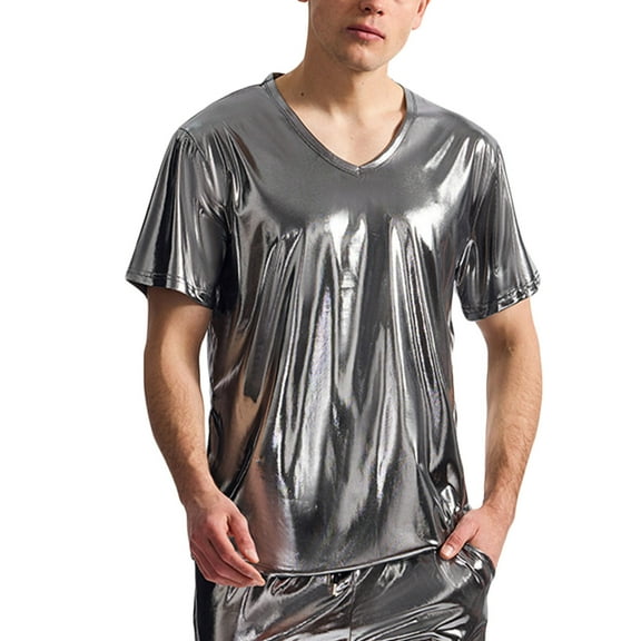 Plebaso Mens Shiny T Shirts V Neck Short Sleeve Stylish T-Shirts Dance Wear Tee Tops for Nightclub Party