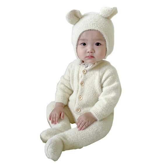 Plebaso Newborn Baby Jumpsuit Solid Color Warm Long Sleeve Velvet Romper Outfits For Girls Boys