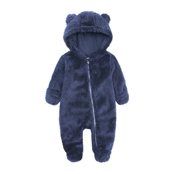 Plebaso Newborn Baby Plush Footie Solid Color Zipper Winter Warm Hooded Romper Jumpsuit Outfits For Girls Boys