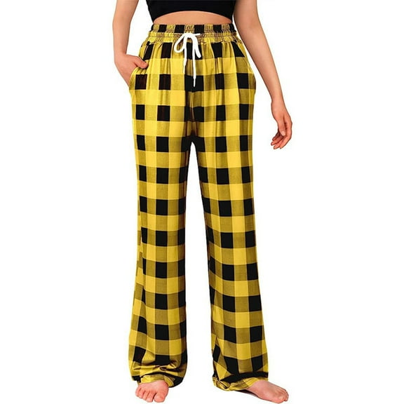 Plebaso Pajama Pants for Women Trendy High Waist Plaid Printed Workout Out Full Length Wide Leg Home Pants