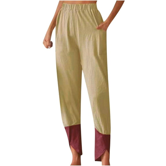 Plebaso Pants for Women Cotton Linen Casual Solid Color Elastic Waist Patchwork Pants Women's Lounge Pants