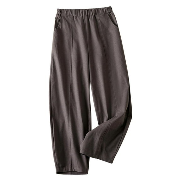 Plebaso Pants for Women Cotton Linen Casual Solid Color Elastic Waist Wide Leg Pants Eight-point Women's Loose Leisure Pants