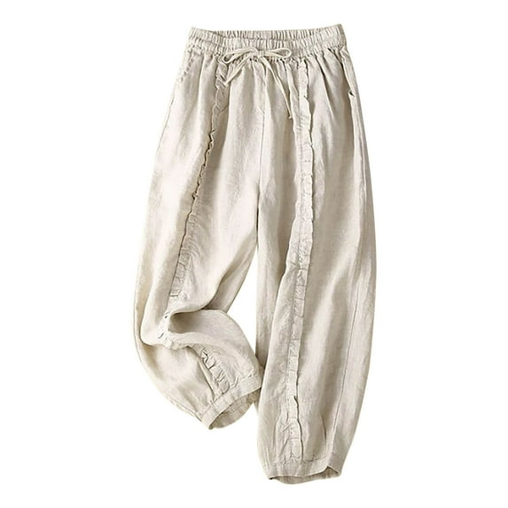 Plebaso Pants for Women Solid Color Elastic Waist Casual Cropped Trouser Ladies Loose Pants with Pockets