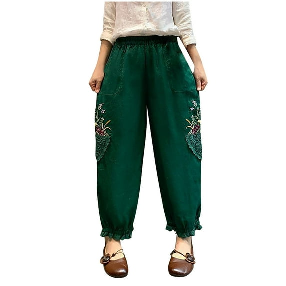 Plebaso Pants for Women Vintage Embroidered High Waist Casual Cropped Trouser Ladies Linen Lantern Pants with Pockets