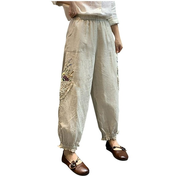 Plebaso Pants for Women Vintage Embroidered High Waist Casual Cropped Trouser Ladies Linen Lantern Pants with Pockets