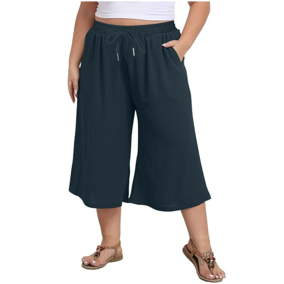Plebaso Plus Size Capri Pants for Women Wide Leg Cropped Trousers with Pockets Flowy Casual Palazzo Capris