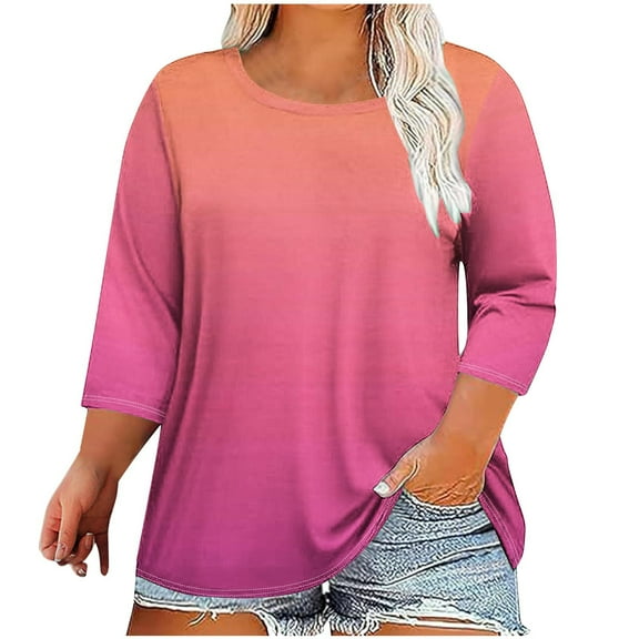 Plebaso Plus Size Tops for Women 3/4 Length Sleeve Shirts Color Block Loose Casual Tunic Tops for Ladies