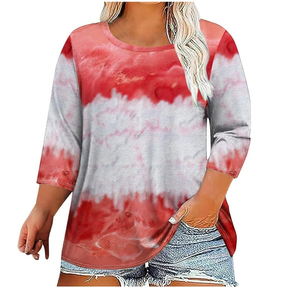 Plebaso Plus Size Tops for Women 3/4 Length Sleeve Shirts Color Block Loose Casual Tunic Tops for Ladies