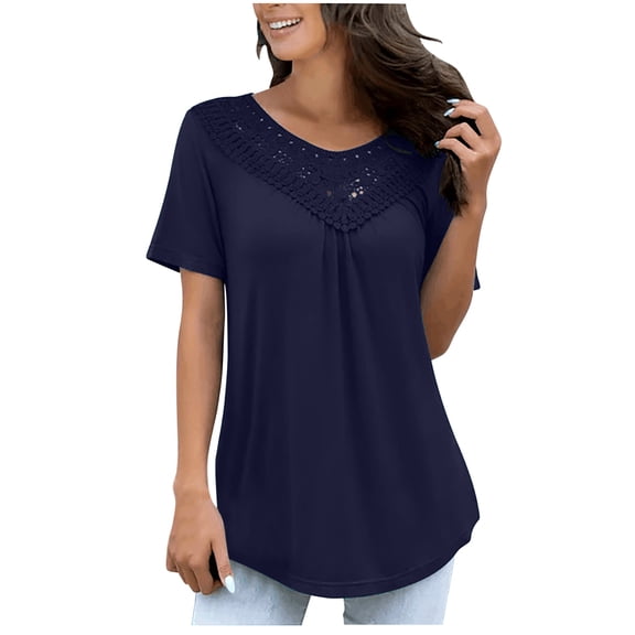 Plebaso Plus Size Tops for Women Lace V Neck Short Sleeve Tunic Shirts for Women Soft Casual Dressy Blouses