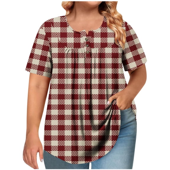 Plebaso Plus Size Tops for Women Plaid Short Sleeve Tunic Shirts Casual Summer Dressy Blouses Trendy Clothes
