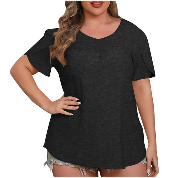 Plebaso Plus Size Tops for Women Short Sleeve Crewneck Tshirts Solid Color Tunic Casual Loose Blouses