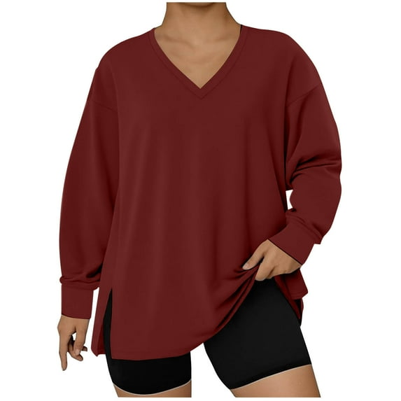 Plebaso Plus Size Womens V Neck Oversized Sweatshirts Casual Long Sleeve Plain Pullover Tops for Women