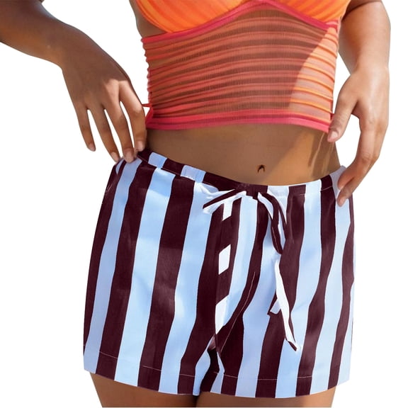 Plebaso Striped Beach Shorts Womens Low Rise Casual Shorts Lightweight Summer Boxer Shorts with Drawstring