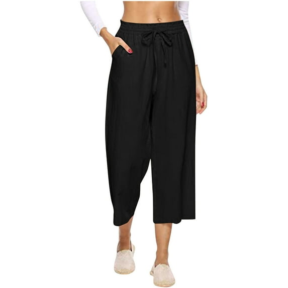 Plebaso Summer Cropped Pants for Women Solid Color Elastic Waist Straight Leg Trousers Ladies Casual Loose Capris Pants