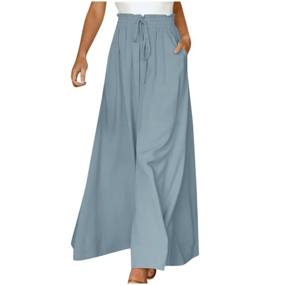 Plebaso Summer Flowy Pants for Women Solid Color Elastic Waist Wide Leg Trousers Ladies Casual Loose Pants with Pockets