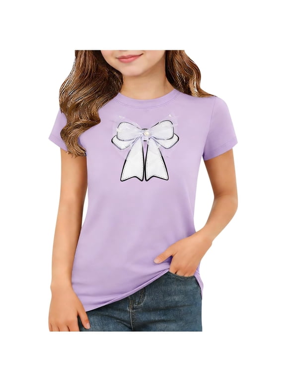 Summer Girls Bow Tees Kids Cute Tops for Girls Short Sleeve Crewneck T-Shirts Size 2-12 Years