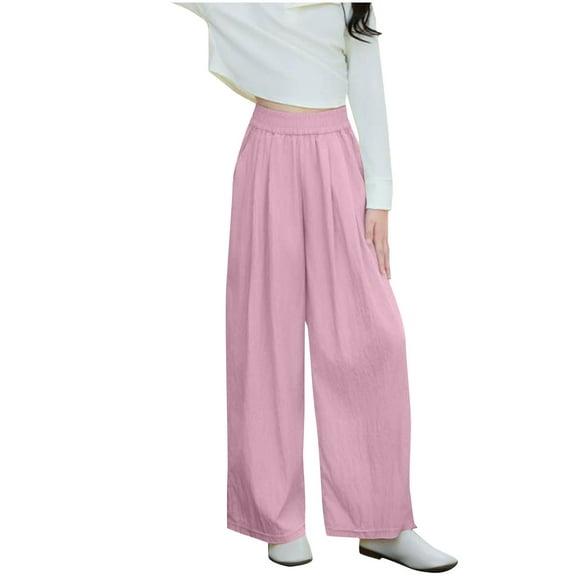 Plebaso Summer Girls Boys Pants Elastic High Waist Wide Leg Pants with Pockets Kids Thin Casual Trousers