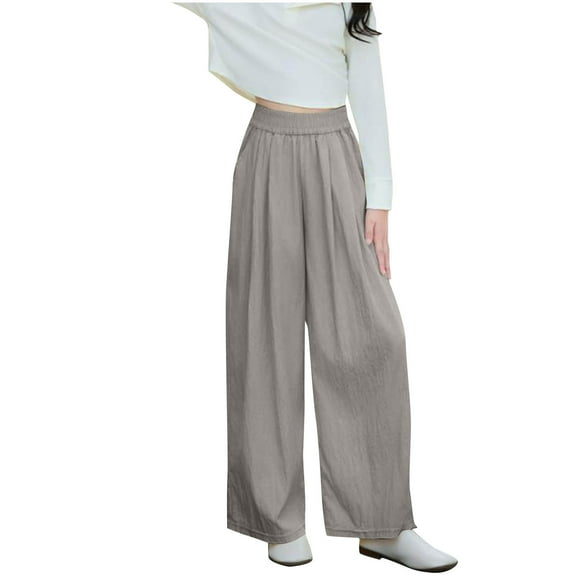 Plebaso Summer Girls Boys Pants Elastic High Waist Wide Leg Pants with Pockets Kids Thin Casual Trousers