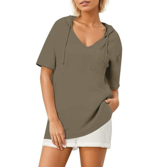 Plebaso Summer Hoodies for Women Short Sleeve V Neck Pullover Womens Drawstring Sweatshirt with Pockets