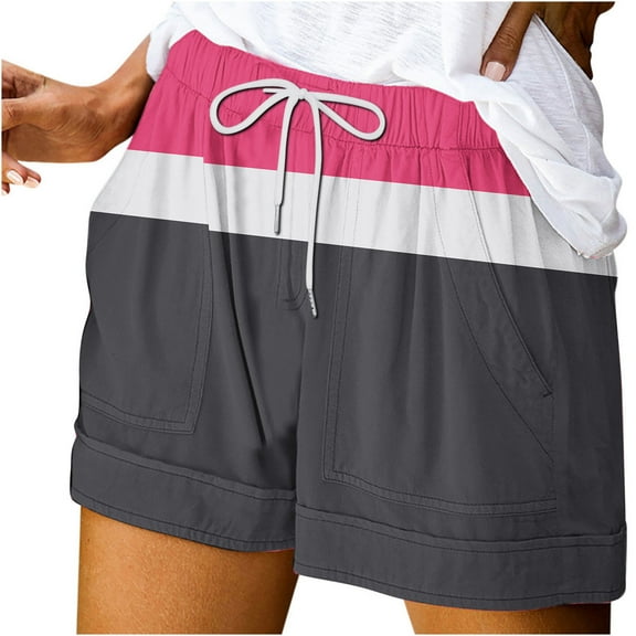 Plebaso Summer Shorts for Women Drawstring Color Block Beach Shorts Casual Womens Pocket Vacation Shorts