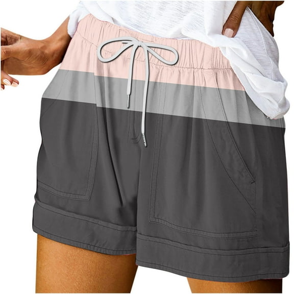 Plebaso Summer Shorts for Women Drawstring Color Block Beach Shorts Casual Womens Pocket Vacation Shorts