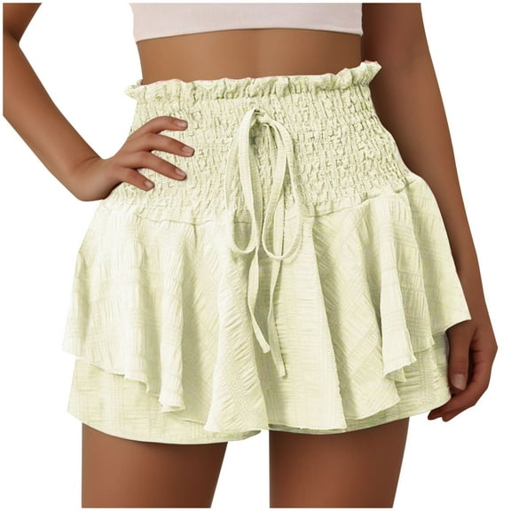 Plebaso Summer Shorts for Women Smocked High Waist Ruffle Shorts Drawstring Plain Womens Casual Shorts