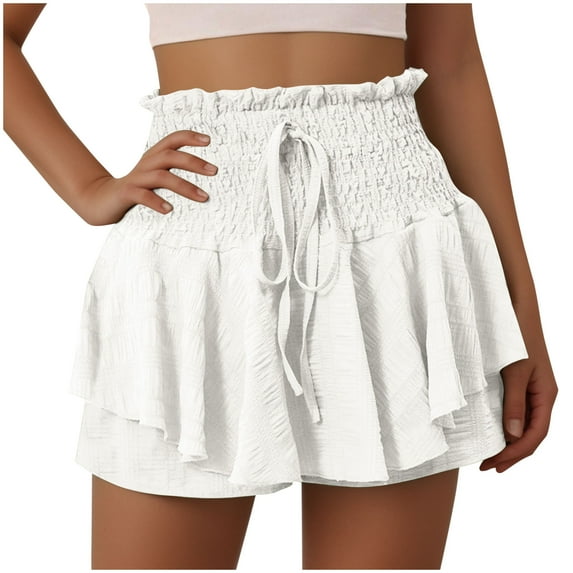Plebaso Summer Shorts for Women Smocked High Waist Ruffle Shorts Drawstring Plain Womens Casual Shorts