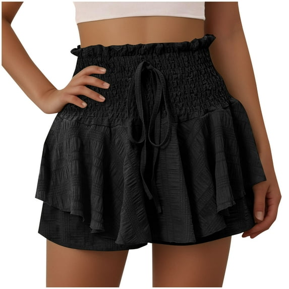 Plebaso Summer Shorts for Women Smocked High Waist Ruffle Shorts Drawstring Plain Womens Casual Shorts