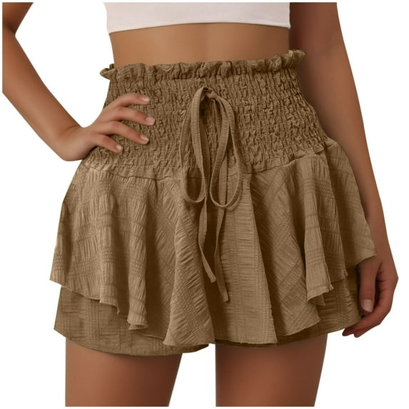 Plebaso Summer Shorts for Women Smocked High Waist Ruffle Shorts Drawstring Plain Womens Casual Shorts