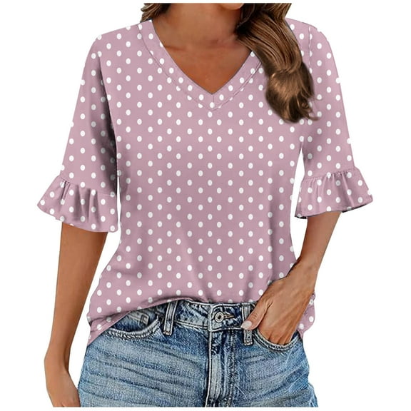 Plebaso Summer Tops for Women 3/4 Length Bell Sleeve Tunic Shirts Polka Dot Printed Casual Dressy Blouses