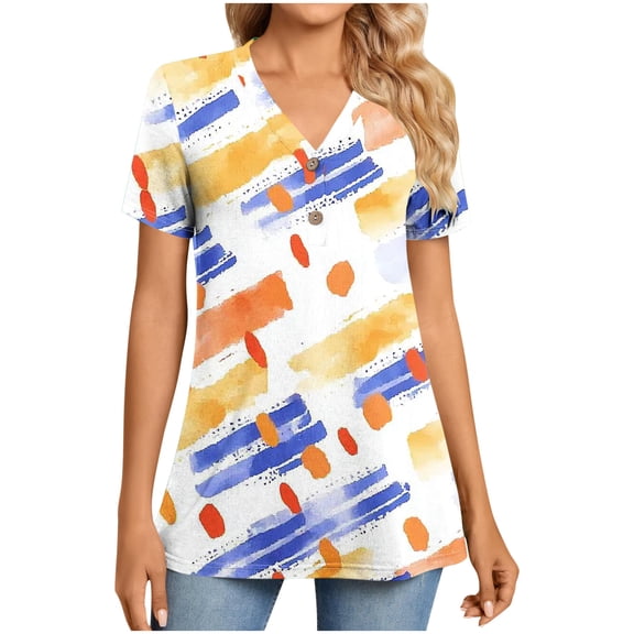 Plebaso Summer Tops for Women Plus Size Shirt Buttons V Neck Printed Short Sleeve T-Shirts Trendy Graphic Tees