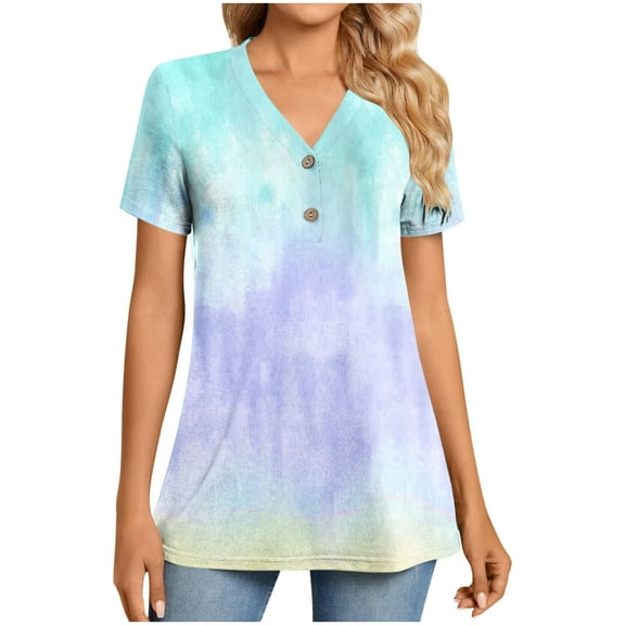 Plebaso Summer Tops for Women Plus Size Shirt Buttons V Neck Printed Short Sleeve T-Shirts Trendy Graphic Tees