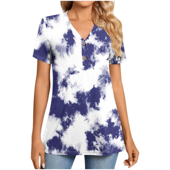 Plebaso Summer Tops for Women Plus Size Shirt Buttons V Neck Printed Short Sleeve T-Shirts Trendy Graphic Tees