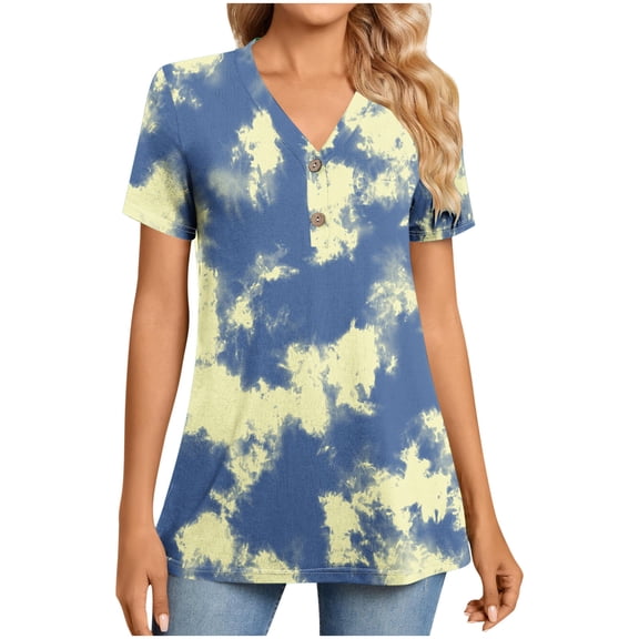 Plebaso Summer Tops for Women Plus Size Shirt Buttons V Neck Printed Short Sleeve T-Shirts Trendy Graphic Tees